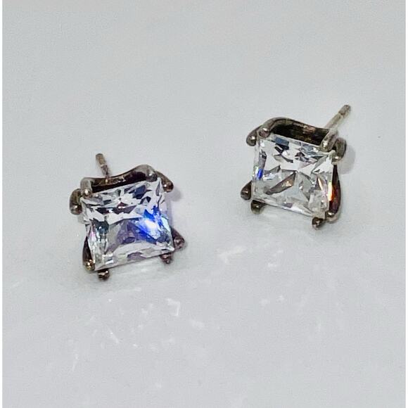Cubic Zirconia Solitaire Earrings Sold Sterling Setting about 4 CTW Princess Cut - Picture 3 of 12
